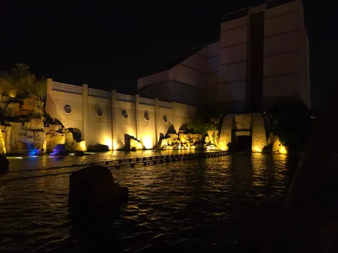 夜の水面を照らす光の遊園地