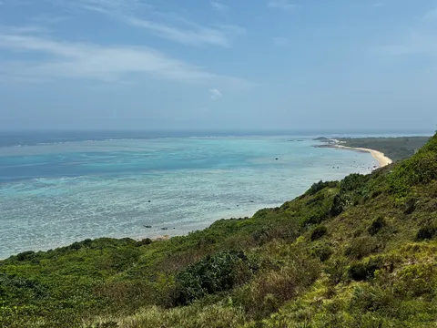緑の斜面とターコイズブルーの海