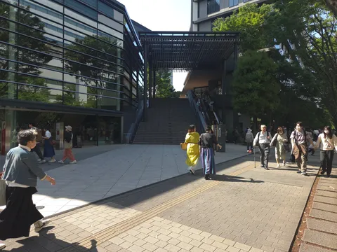 日差しのコントラストと人々の往来
