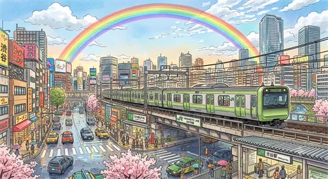 雨上がり、虹と山手線