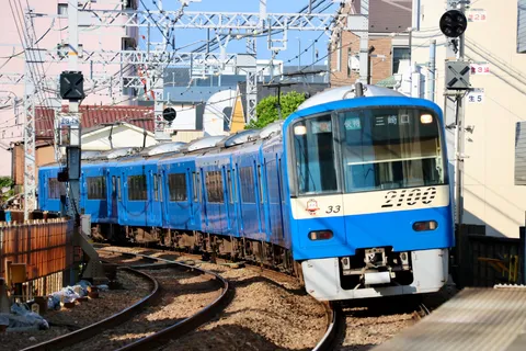 碧映えするカーブの列車