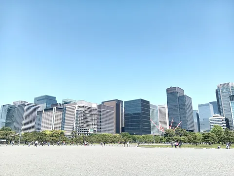 都会の緑と空のコントラスト