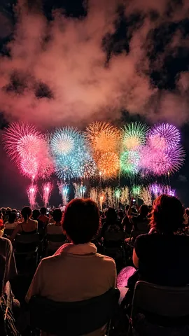 夜空を彩る大輪の花火と、見上げる人々