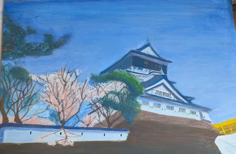 春の古城と桜の絵画
