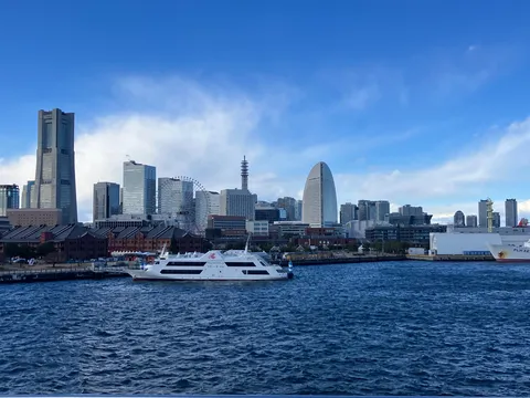 港に佇む客船と空にそびえる建築群