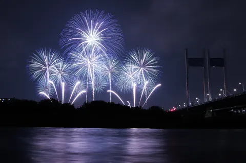 輝く夜、水面に咲く花