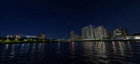 江戸川　揺れる水面、輝く建物