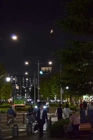 夜の街角に浮かぶ月影