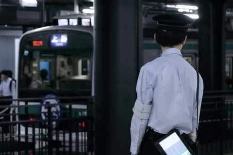 雨空を待つ列車と駅員