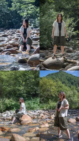 川辺に佇む、爽やかな夏の装い