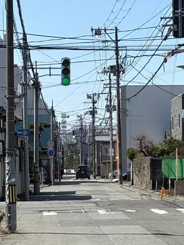 信号待ち、電線ジャングル