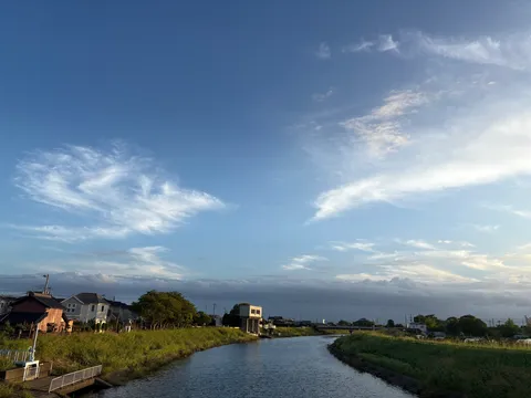 夕暮れ時の穏やかな川辺の風景
