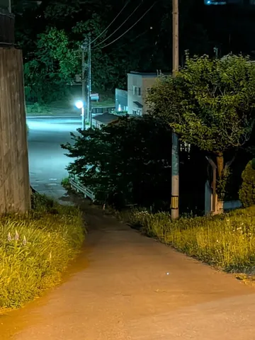 夜の坂道、灯りが誘う
