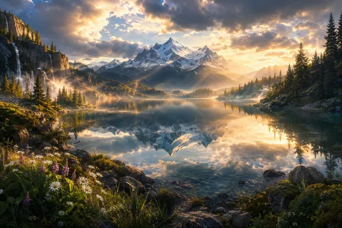 朝霧に映える山湖の絶景
