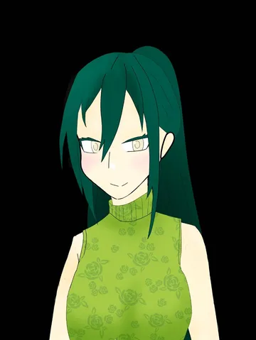 緑髪と花柄の静かな微笑み