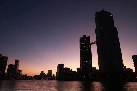 夕暮れの川辺に映る影