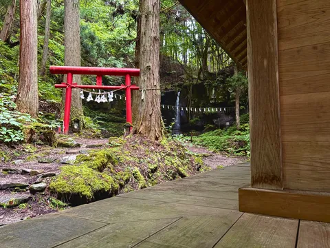 緑深き森の、静寂な滝と鳥居