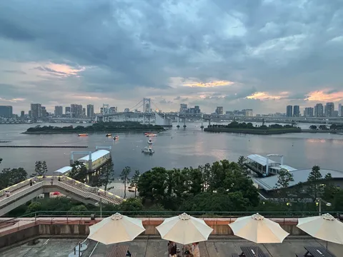 黄昏時の都会の水辺と橋