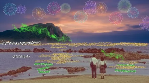 夏の日の花火と海辺の散歩