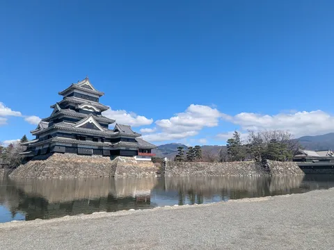 青空と水面に映る黒い城