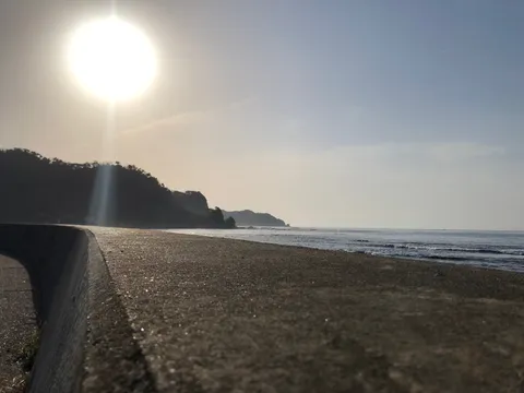 朝日が照らす海岸線の道
