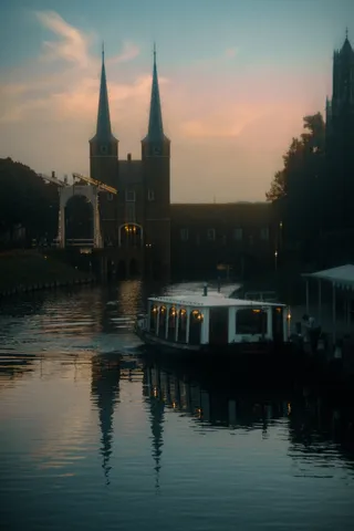 黄昏の運河をゆく船