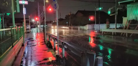 雨粒に映る街灯、水たまりの夜