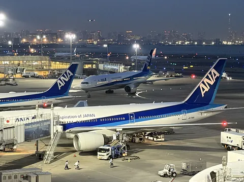 夜の空港、青い翼の準備