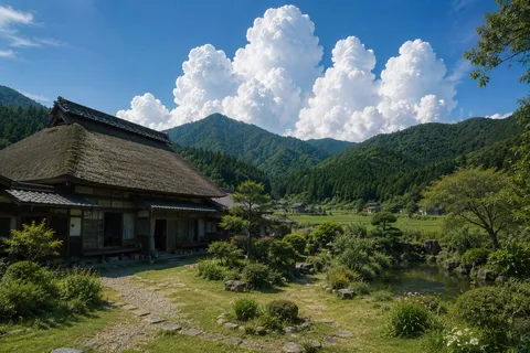 緑深き里山の古民家と青空