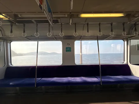 車窓に映る、旅情の海