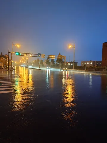 雨上がりの街灯、水面に映る光