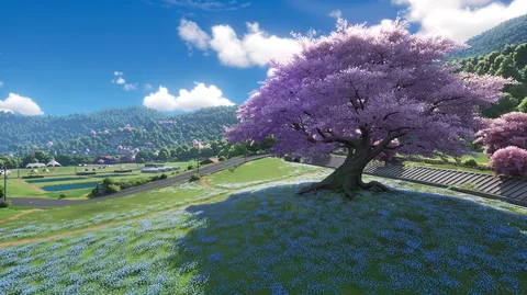 紫の桜が映える春の丘