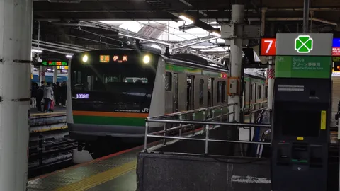 緑橙の駅に走る列車