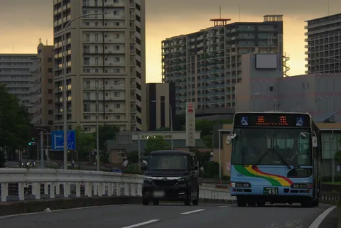 夕暮れ時の都会を彩るバス旅
