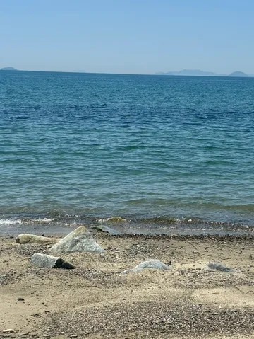 静かな海辺の石と水面