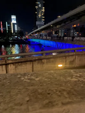 夜の青い橋が映す水面