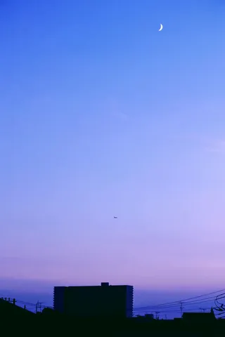 三日月と飛行機が彩る夕暮れ空