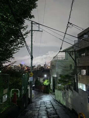 雨上がりの都市の坂道