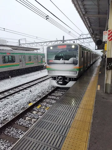 雪降る駅、列車は静かに待つ