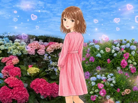 紫陽花畑に佇む少女
