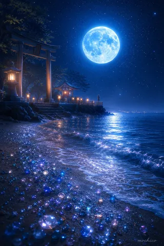 宝石が煌めく夜の海辺