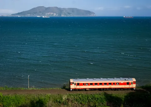青い海を背に走る列車