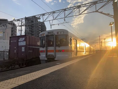 夕陽を浴びる通勤列車の影絵