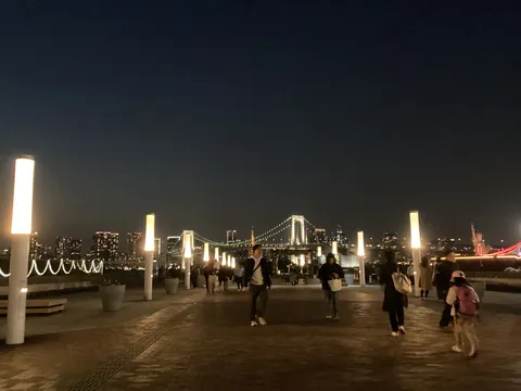 都会の夜景と遊歩道