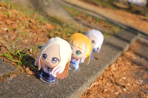 並ぶぬいちゃん、秋の小道を行く