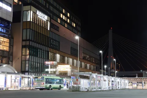 夜の街路と光るバス停