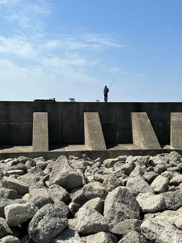 青空と釣り人、静かな水辺の光景