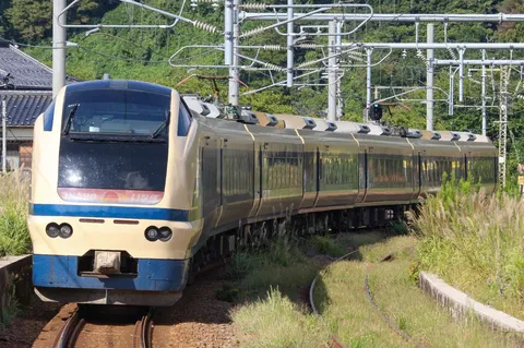 クリームと青の列車が藍空へ