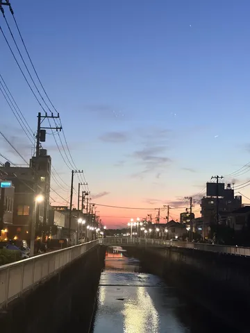 川面に映る街灯と夕暮れ