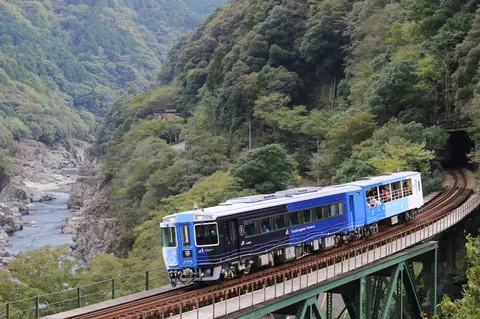 渓谷を駆ける青い列車